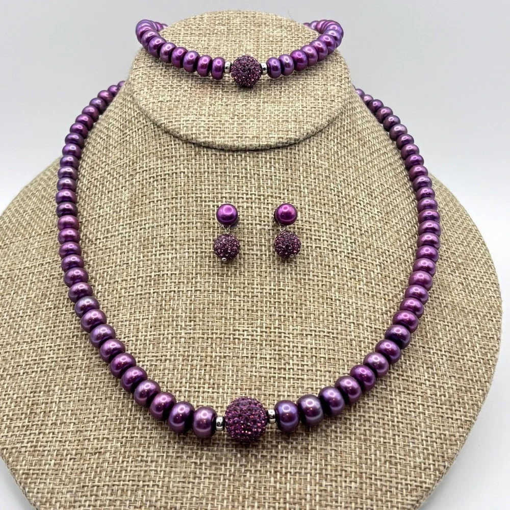 VTG Honora Pearl Necklace Bracelet Earrings Purple Crystal Pendant 925 Clasp 18